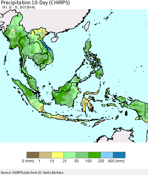 South East Asia Precipitation 10-Day (CHIRPS) Thematic Map For 10/21/2023 - 10/31/2023