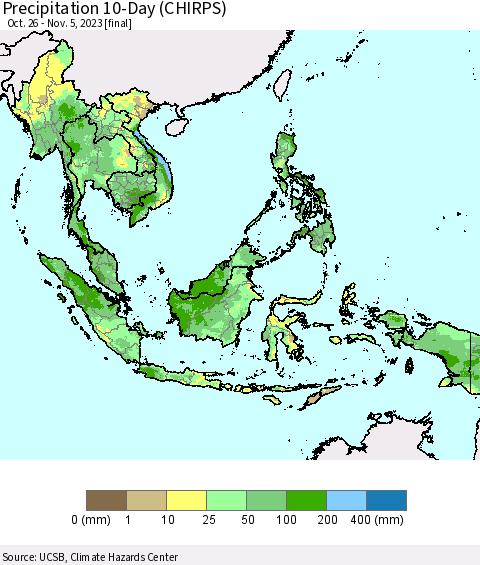South East Asia Precipitation 10-Day (CHIRPS) Thematic Map For 10/26/2023 - 11/5/2023