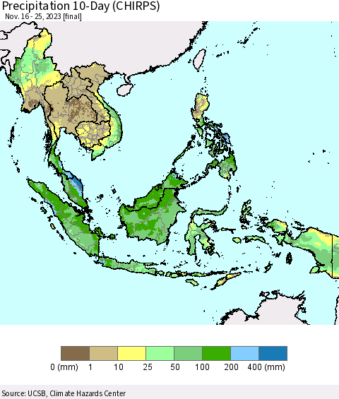 South East Asia Precipitation 10-Day (CHIRPS) Thematic Map For 11/16/2023 - 11/25/2023