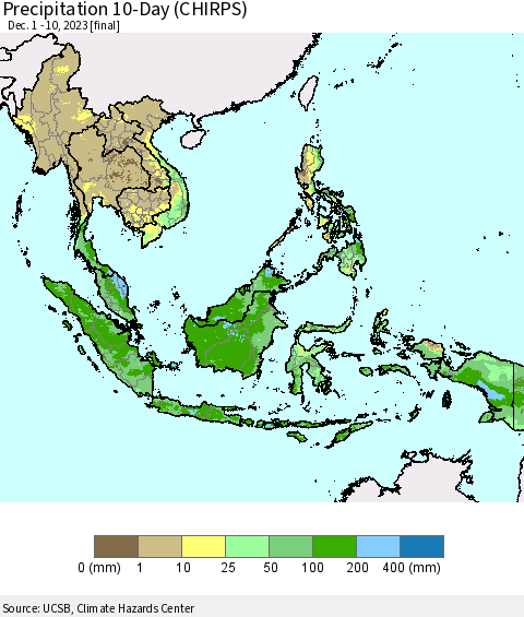 South East Asia Precipitation 10-Day (CHIRPS) Thematic Map For 12/1/2023 - 12/10/2023