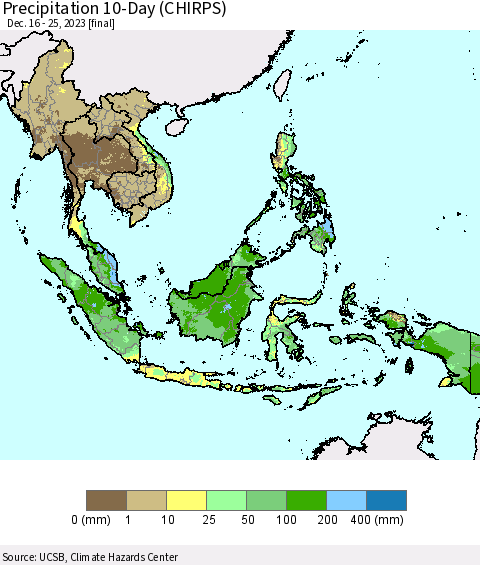 South East Asia Precipitation 10-Day (CHIRPS) Thematic Map For 12/16/2023 - 12/25/2023