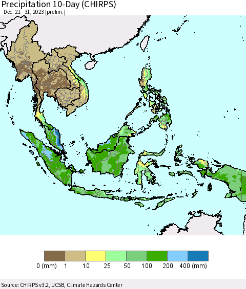 South East Asia Precipitation 10-Day (CHIRPS) Thematic Map For 12/21/2023 - 12/31/2023