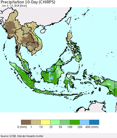 South East Asia Precipitation 10-Day (CHIRPS) Thematic Map For 1/6/2024 - 1/15/2024