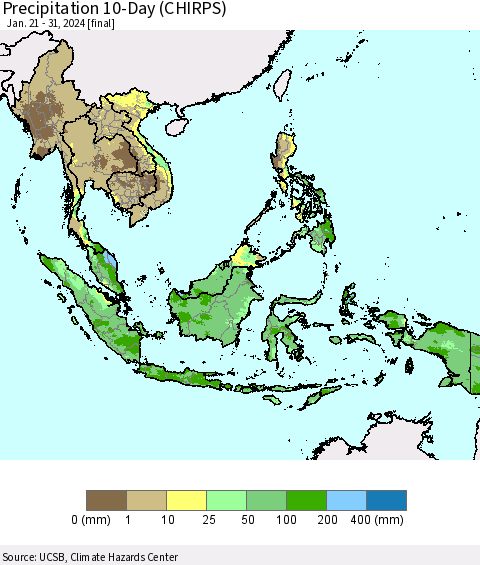 South East Asia Precipitation 10-Day (CHIRPS) Thematic Map For 1/21/2024 - 1/31/2024