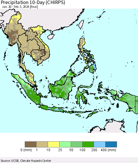 South East Asia Precipitation 10-Day (CHIRPS) Thematic Map For 1/26/2024 - 2/5/2024