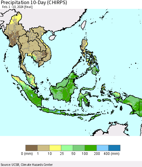 South East Asia Precipitation 10-Day (CHIRPS) Thematic Map For 2/1/2024 - 2/10/2024