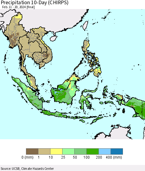 South East Asia Precipitation 10-Day (CHIRPS) Thematic Map For 2/11/2024 - 2/20/2024