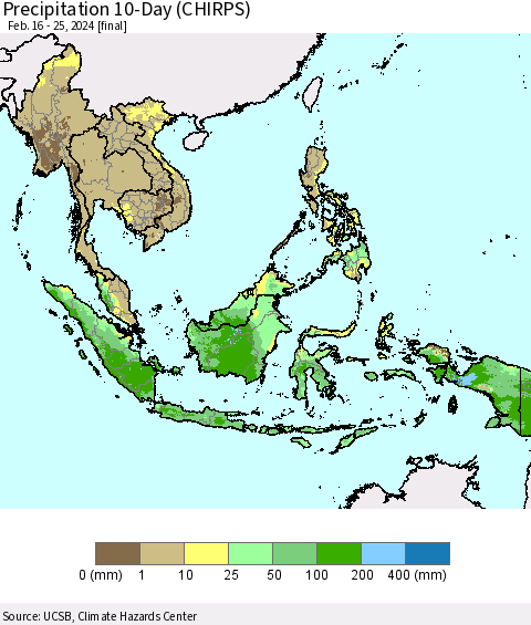 South East Asia Precipitation 10-Day (CHIRPS) Thematic Map For 2/16/2024 - 2/25/2024