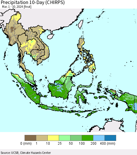 South East Asia Precipitation 10-Day (CHIRPS) Thematic Map For 3/1/2024 - 3/10/2024