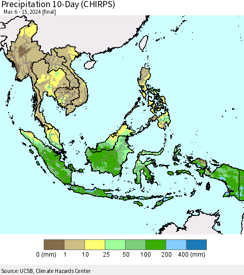 South East Asia Precipitation 10-Day (CHIRPS) Thematic Map For 3/6/2024 - 3/15/2024