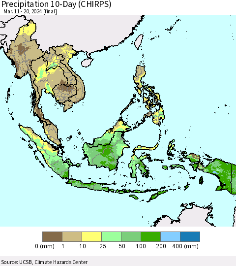 South East Asia Precipitation 10-Day (CHIRPS) Thematic Map For 3/11/2024 - 3/20/2024