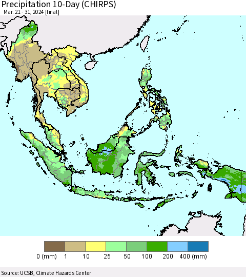 South East Asia Precipitation 10-Day (CHIRPS) Thematic Map For 3/21/2024 - 3/31/2024
