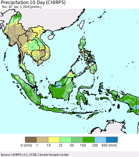 South East Asia Precipitation 10-Day (CHIRPS) Thematic Map For 3/26/2024 - 4/5/2024