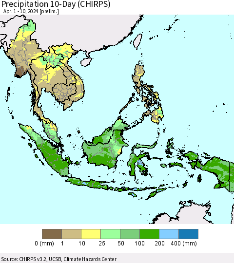 South East Asia Precipitation 10-Day (CHIRPS) Thematic Map For 4/1/2024 - 4/10/2024