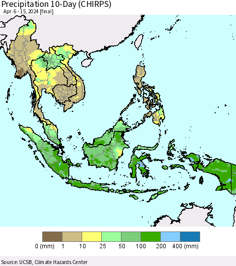 South East Asia Precipitation 10-Day (CHIRPS) Thematic Map For 4/6/2024 - 4/15/2024