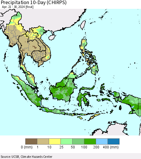 South East Asia Precipitation 10-Day (CHIRPS) Thematic Map For 4/21/2024 - 4/30/2024