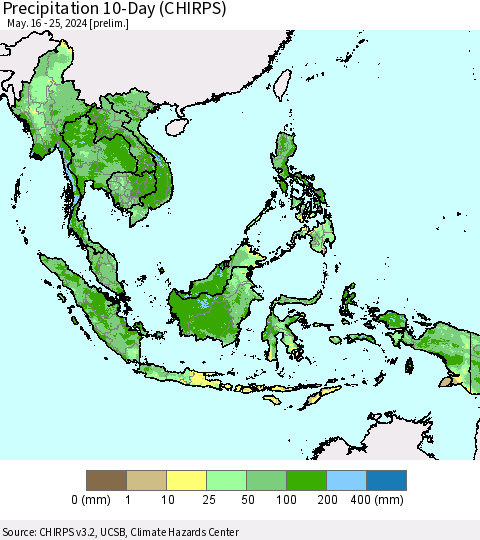 South East Asia Precipitation 10-Day (CHIRPS) Thematic Map For 5/16/2024 - 5/25/2024