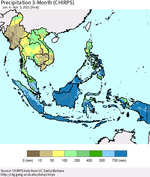 South East Asia Precipitation 3-Month (CHIRPS) Thematic Map For 1/6/2021 - 4/5/2021