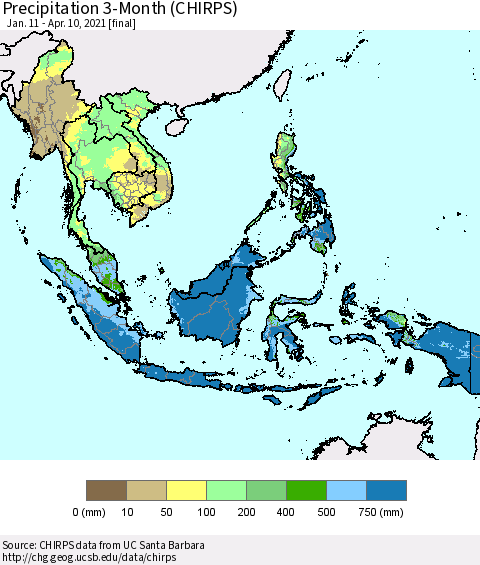 South East Asia Precipitation 3-Month (CHIRPS) Thematic Map For 1/11/2021 - 4/10/2021