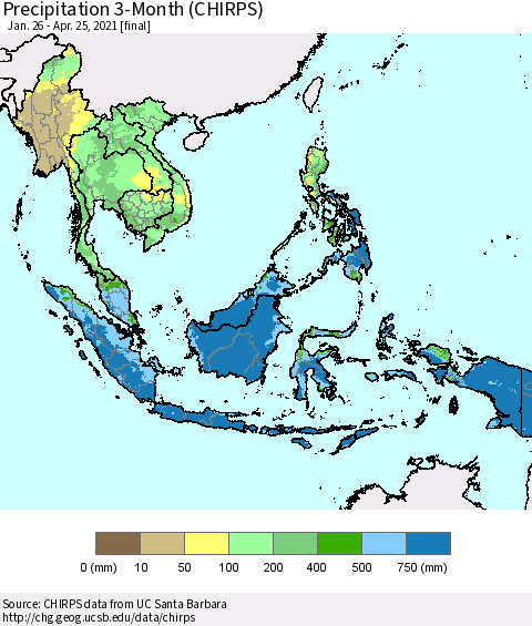 South East Asia Precipitation 3-Month (CHIRPS) Thematic Map For 1/26/2021 - 4/25/2021
