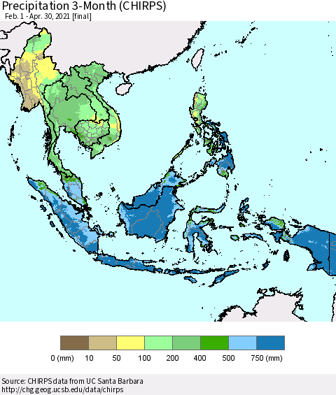 South East Asia Precipitation 3-Month (CHIRPS) Thematic Map For 2/1/2021 - 4/30/2021