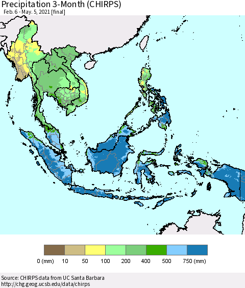 South East Asia Precipitation 3-Month (CHIRPS) Thematic Map For 2/6/2021 - 5/5/2021