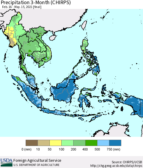 South East Asia Precipitation 3-Month (CHIRPS) Thematic Map For 2/16/2021 - 5/15/2021