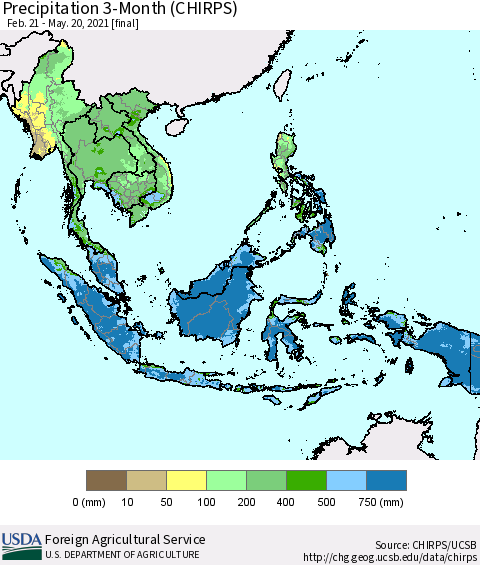 South East Asia Precipitation 3-Month (CHIRPS) Thematic Map For 2/21/2021 - 5/20/2021