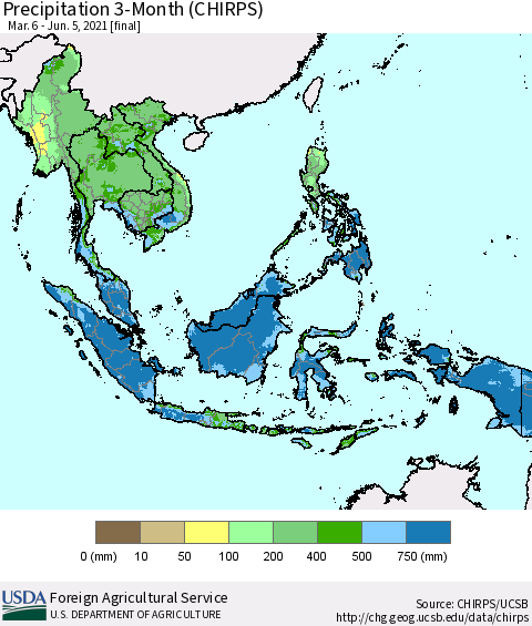 South East Asia Precipitation 3-Month (CHIRPS) Thematic Map For 3/6/2021 - 6/5/2021