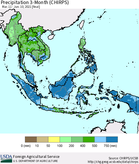 South East Asia Precipitation 3-Month (CHIRPS) Thematic Map For 3/11/2021 - 6/10/2021