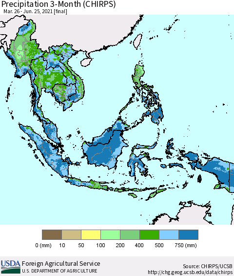 South East Asia Precipitation 3-Month (CHIRPS) Thematic Map For 3/26/2021 - 6/25/2021