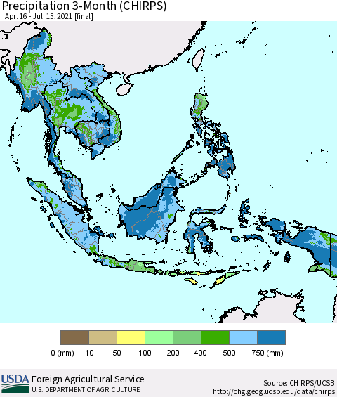 South East Asia Precipitation 3-Month (CHIRPS) Thematic Map For 4/16/2021 - 7/15/2021