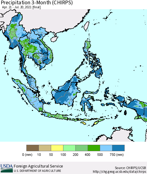 South East Asia Precipitation 3-Month (CHIRPS) Thematic Map For 4/21/2021 - 7/20/2021