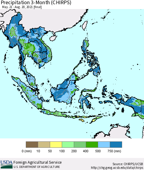 South East Asia Precipitation 3-Month (CHIRPS) Thematic Map For 5/21/2021 - 8/20/2021