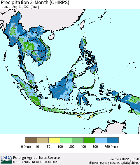 South East Asia Precipitation 3-Month (CHIRPS) Thematic Map For 6/1/2021 - 8/31/2021