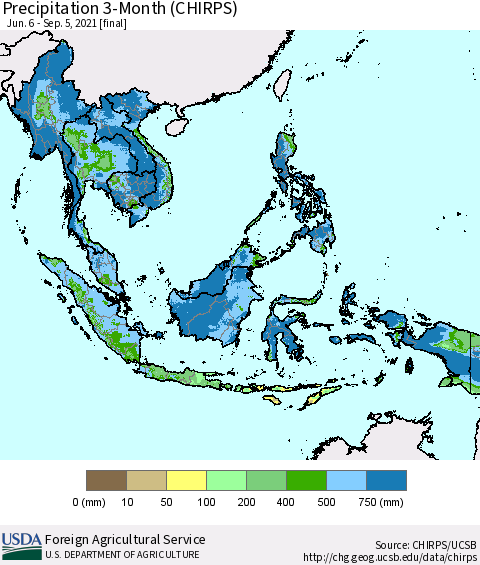 South East Asia Precipitation 3-Month (CHIRPS) Thematic Map For 6/6/2021 - 9/5/2021