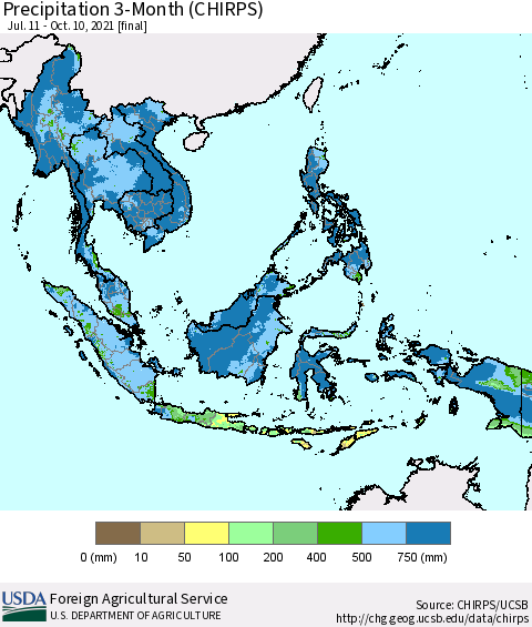 South East Asia Precipitation 3-Month (CHIRPS) Thematic Map For 7/11/2021 - 10/10/2021
