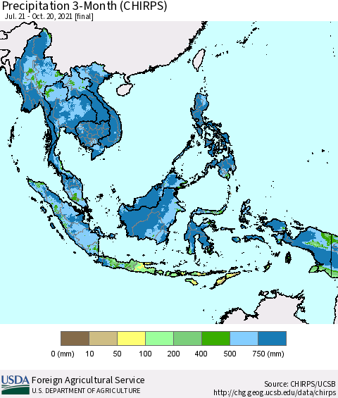 South East Asia Precipitation 3-Month (CHIRPS) Thematic Map For 7/21/2021 - 10/20/2021