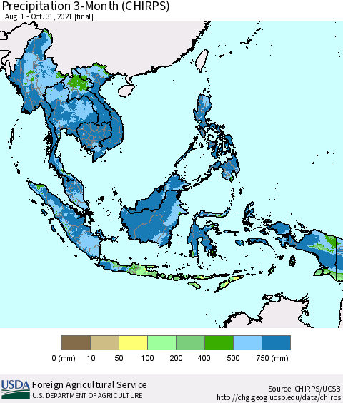 South East Asia Precipitation 3-Month (CHIRPS) Thematic Map For 8/1/2021 - 10/31/2021