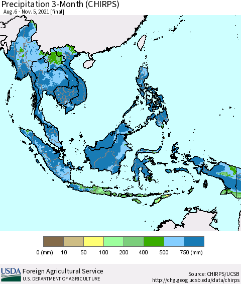 South East Asia Precipitation 3-Month (CHIRPS) Thematic Map For 8/6/2021 - 11/5/2021