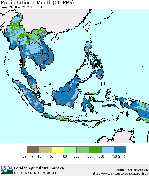 South East Asia Precipitation 3-Month (CHIRPS) Thematic Map For 8/21/2021 - 11/20/2021