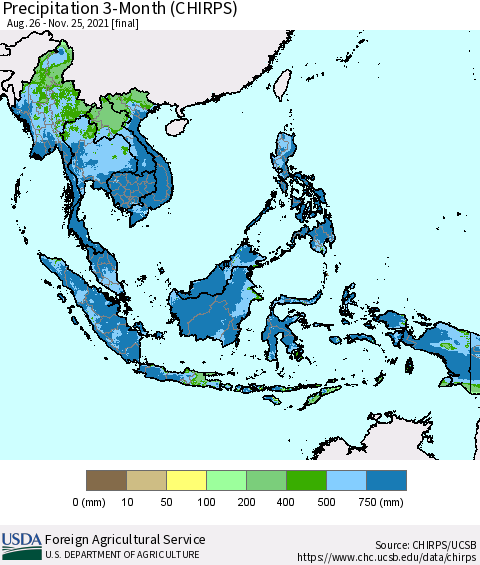 South East Asia Precipitation 3-Month (CHIRPS) Thematic Map For 8/26/2021 - 11/25/2021