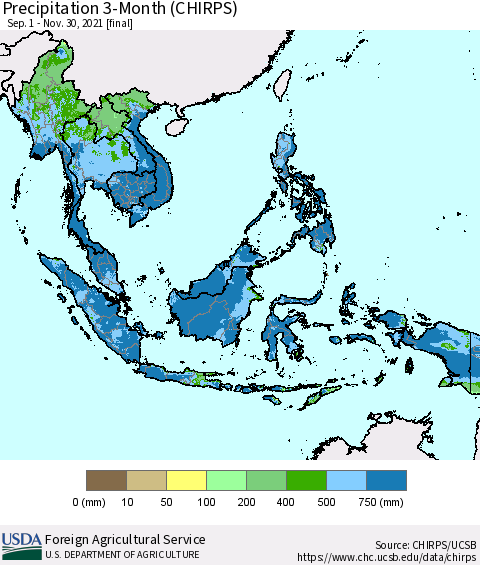 South East Asia Precipitation 3-Month (CHIRPS) Thematic Map For 9/1/2021 - 11/30/2021