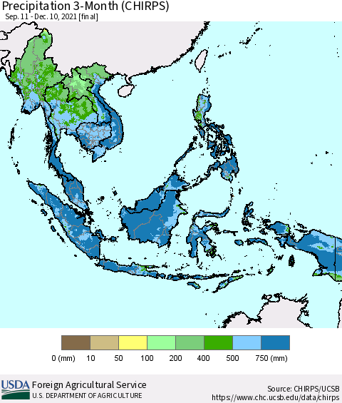 South East Asia Precipitation 3-Month (CHIRPS) Thematic Map For 9/11/2021 - 12/10/2021