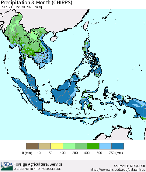 South East Asia Precipitation 3-Month (CHIRPS) Thematic Map For 9/21/2021 - 12/20/2021