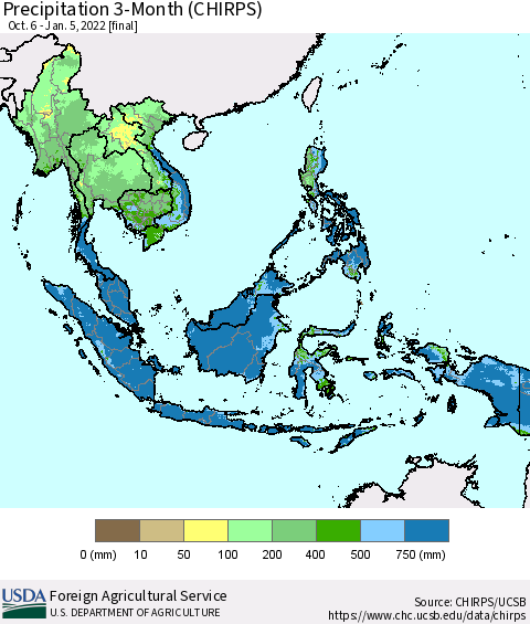 South East Asia Precipitation 3-Month (CHIRPS) Thematic Map For 10/6/2021 - 1/5/2022