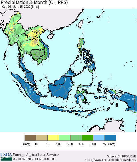 South East Asia Precipitation 3-Month (CHIRPS) Thematic Map For 10/16/2021 - 1/15/2022
