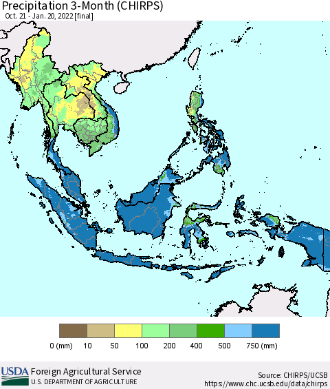 South East Asia Precipitation 3-Month (CHIRPS) Thematic Map For 10/21/2021 - 1/20/2022