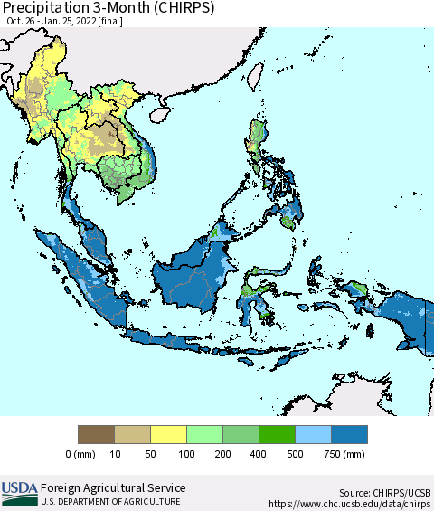 South East Asia Precipitation 3-Month (CHIRPS) Thematic Map For 10/26/2021 - 1/25/2022