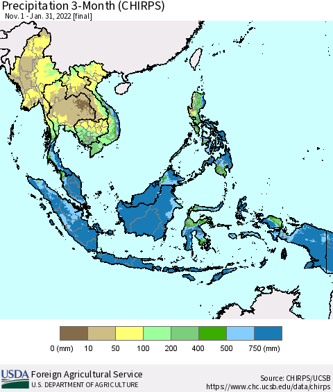 South East Asia Precipitation 3-Month (CHIRPS) Thematic Map For 11/1/2021 - 1/31/2022